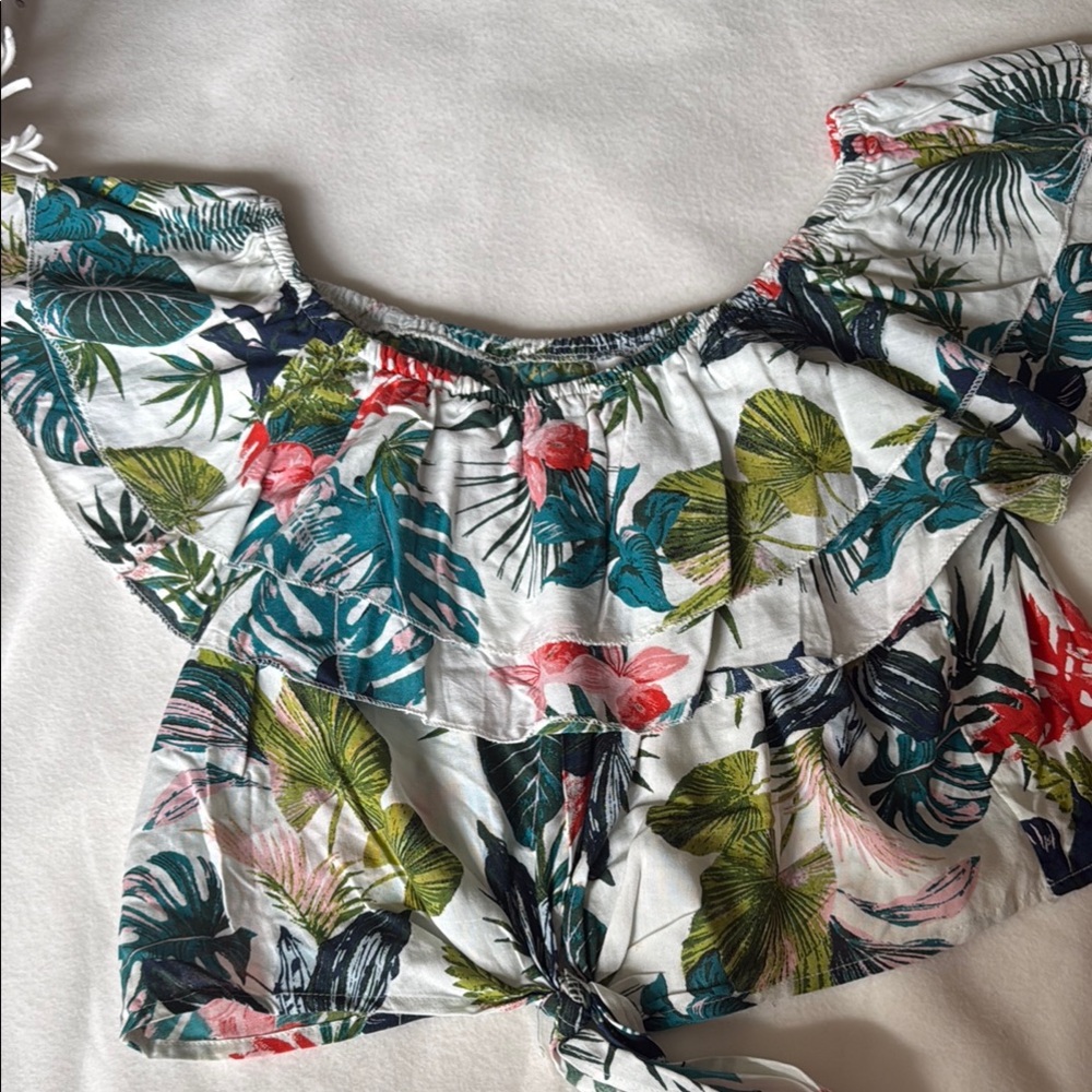 Blue and Green Ruffled Crop Blouse with Tie Front